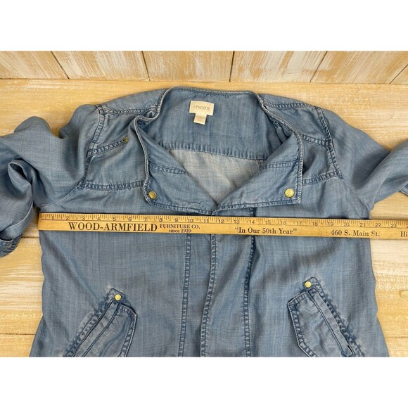 Chico's Size 1 Chambray Open Shirt Jacket Size Medium Roll Tab Sleeve - Picture 7 of 10